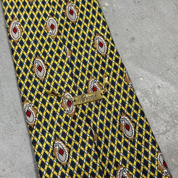 Brioni Tie 100% Silk Satin Made in Italy Geometric Yellow 4" - Picture 4 of 5
